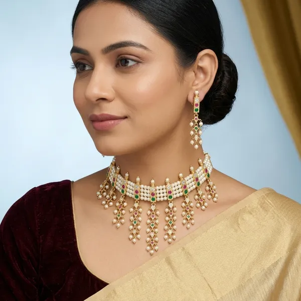 Gold_Plated_Cz_Pearl_Traditional_Chinchpeti_Choker_Set_For_Women