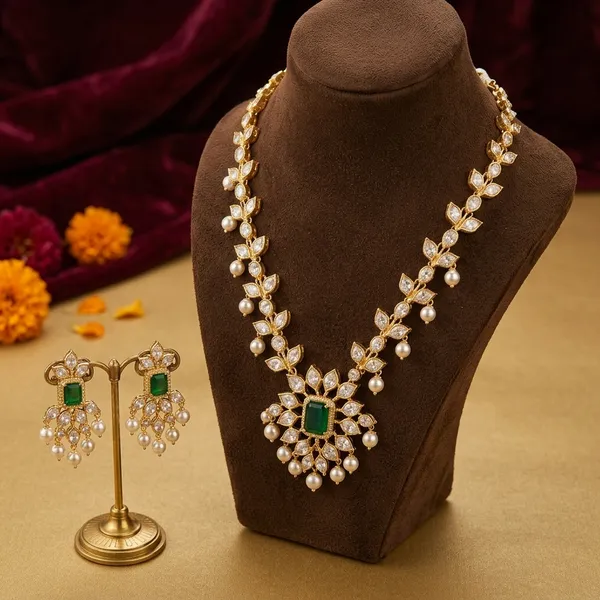 Gold_Micro_Polish_Polki_Green_Stone_Pearl_Drop_Necklace_Set_For_Women