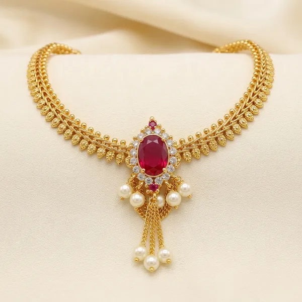 Gold_Micro_Polish_Cz_Ruby_Leaf_Chain_Bajuband_Armlet_For_Women