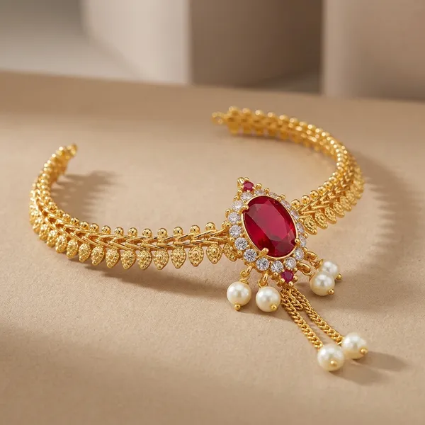 Gold_Micro_Polish_Cz_Ruby_Leaf_Chain_Bajuband_Armlet_For_Women