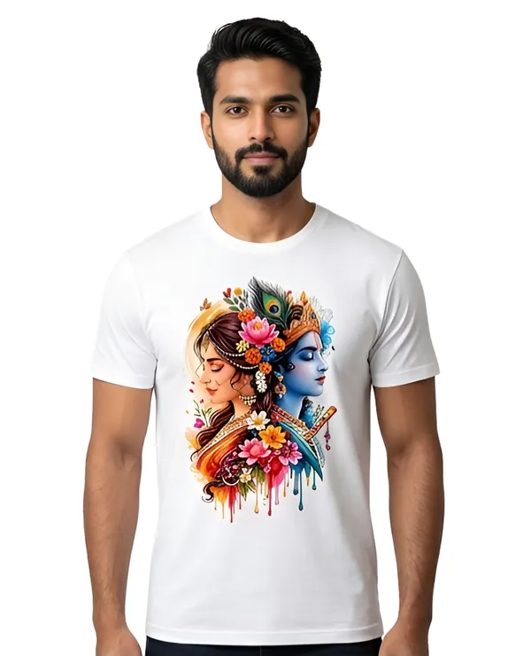 White_Cotton_Regular_Fit_Radha_Krishna_Graphic_T_Shirt_For_Unisex