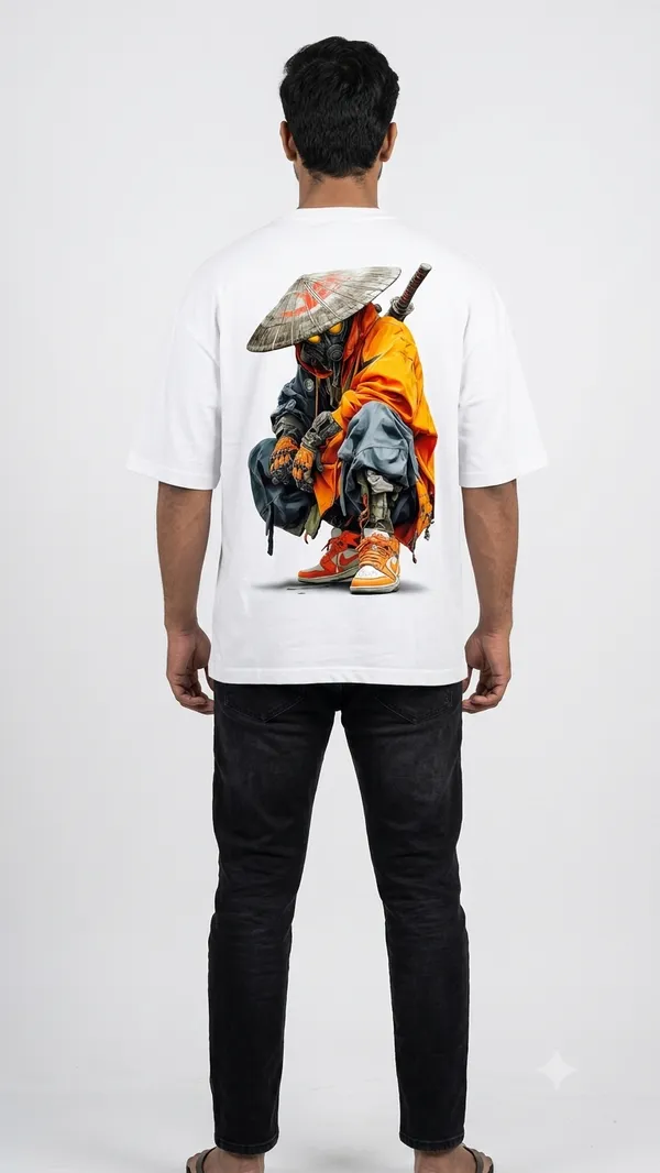 White_French_Terry_Cotton_Oversized_Samurai_Graphic_T_Shirt_For_Unisex