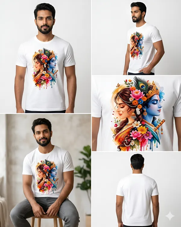 White_Cotton_Regular_Fit_Radha_Krishna_Graphic_T_Shirt_For_Unisex