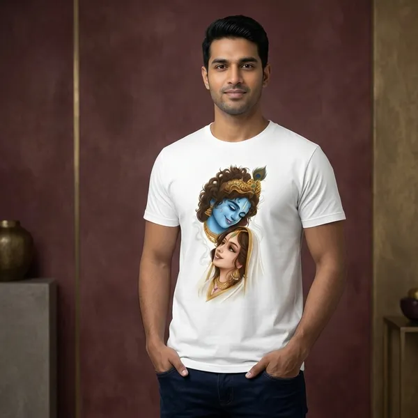 White_Cotton_Regular_Fit_Radha_Krishna_Graphic_T_Shirt_For_Unisex