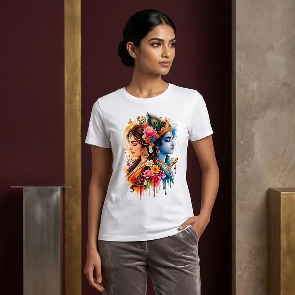 White_Cotton_Regular_Fit_Radha_Krishna_Graphic_T_Shirt_For_Unisex