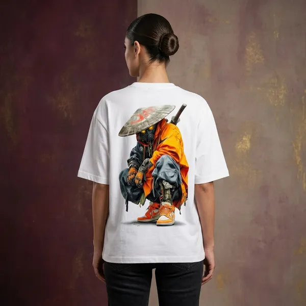 White_French_Terry_Cotton_Oversized_Samurai_Graphic_T_Shirt_For_Unisex