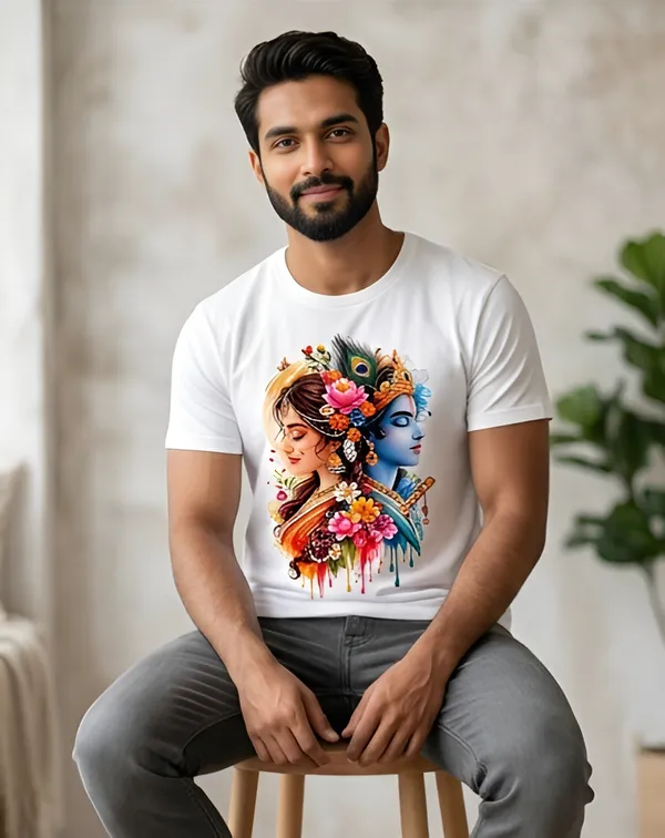 White_Cotton_Regular_Fit_Radha_Krishna_Graphic_T_Shirt_For_Unisex