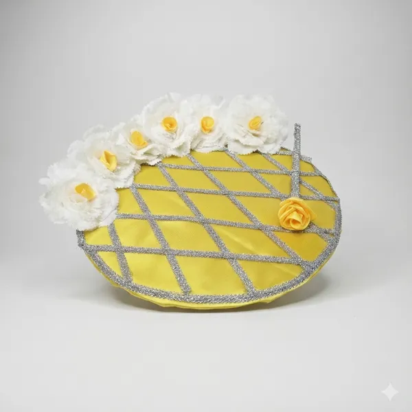 Decorative_Yellow_Plate_With_White_Floral_Accents_And_Silver_Detailing