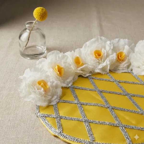 Decorative_Yellow_Plate_With_White_Floral_Accents_And_Silver_Detailing
