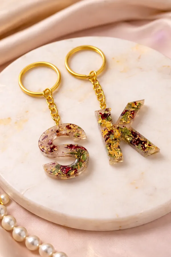Customized_Resin_Letter_Keychains_-_Pack_Of_2_With_Gold_Leaf_And_Preserved_Petals
