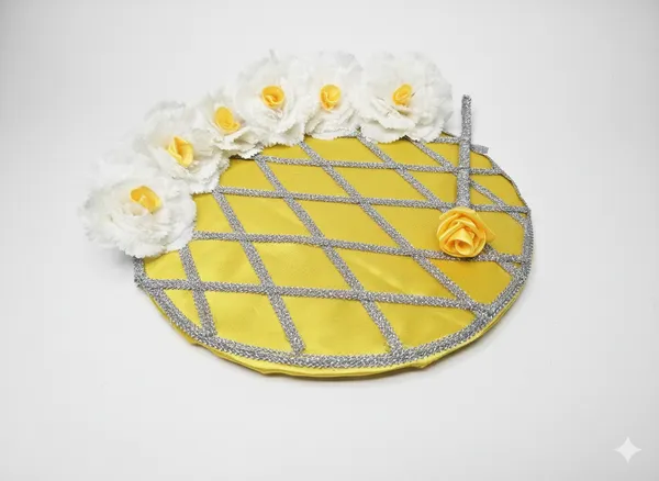 Decorative_Yellow_Plate_With_White_Floral_Accents_And_Silver_Detailing
