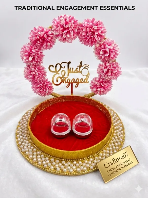 Traditional_Engagement_Ring_Platter_With_Floral_Wreath_And_'Just_Engaged'_Topper