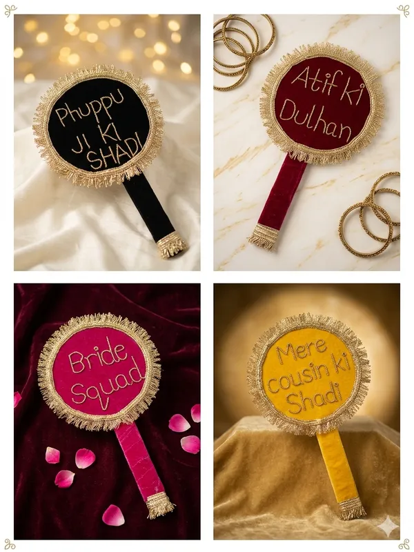 Personalized_Wedding_Flash_Boards_With_Golden_Fringe_Trim_Pack_Of_4