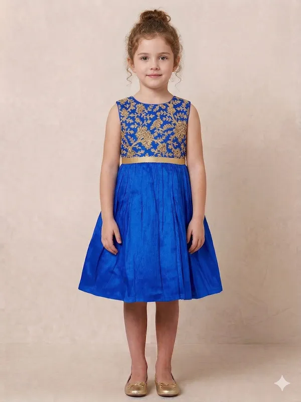 Leaf_Embroidered_Silk_Dress_Royal_Blue