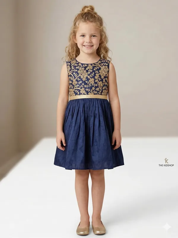 Leaf_Embroidered_Silk_Dress_Navy_Blue