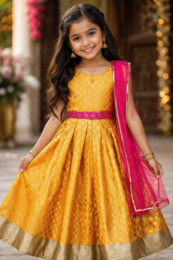 Mustard_Yellow_Ethnic_Gown_With_Fuschia_Pink_Dupatta