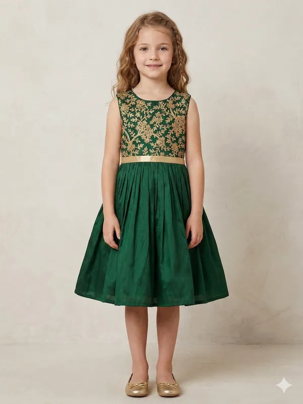 Leaf_Embroidered_Silk_Dress_Bottle_Green