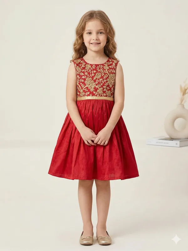Leaf_Embroidered_Silk_Dress_Maroon