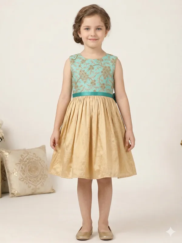 Leaf_Embroidered_Silk_Dress_Aqua_Blue_&_Golden