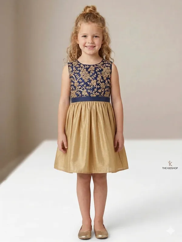 Leaf_Embroidered_Silk_Dress_Navy_Blue_&_Golden