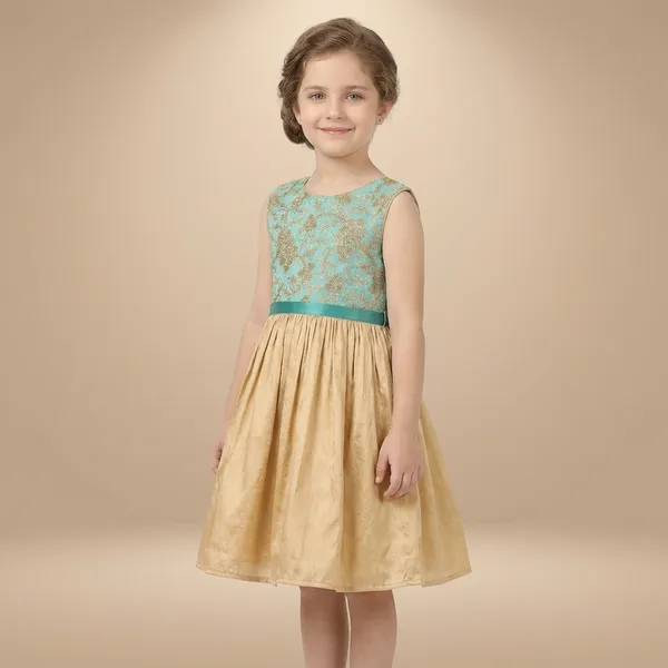 Leaf_Embroidered_Silk_Dress_Aqua_Blue_&_Golden