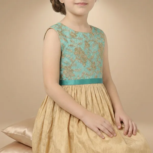 Leaf_Embroidered_Silk_Dress_Aqua_Blue_&_Golden