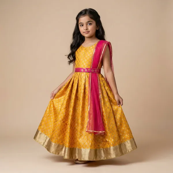 Mustard_Yellow_Ethnic_Gown_With_Fuschia_Pink_Dupatta