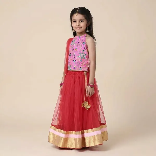Halter_Neck_Embroidered_Lehenga_Choli_Pink_&_Red