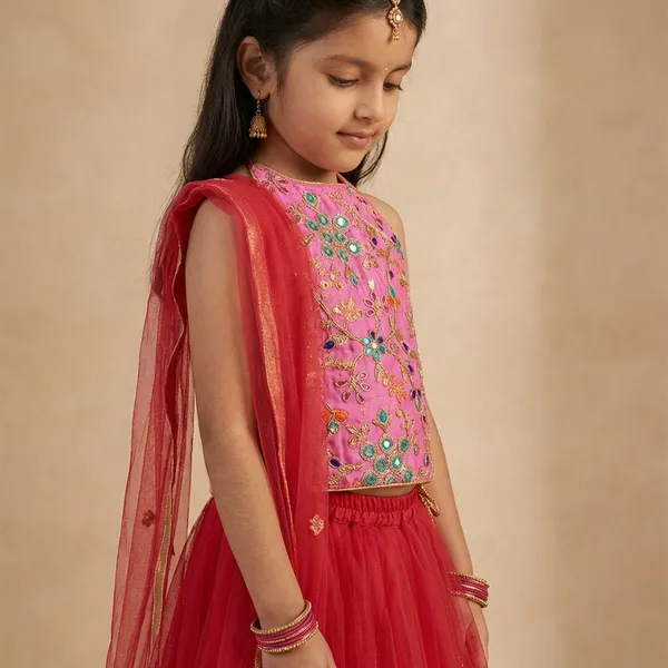Halter_Neck_Embroidered_Lehenga_Choli_Pink_&_Red