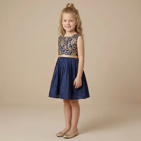 Leaf_Embroidered_Silk_Dress_Navy_Blue