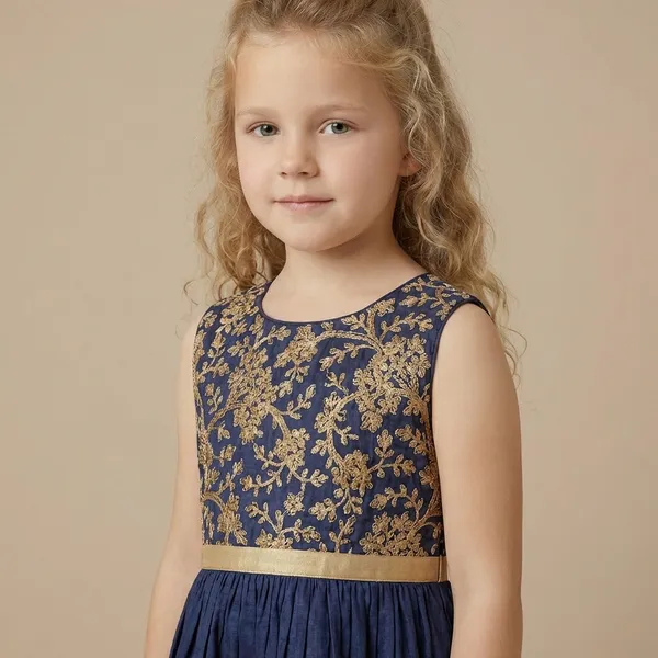 Leaf_Embroidered_Silk_Dress_Navy_Blue