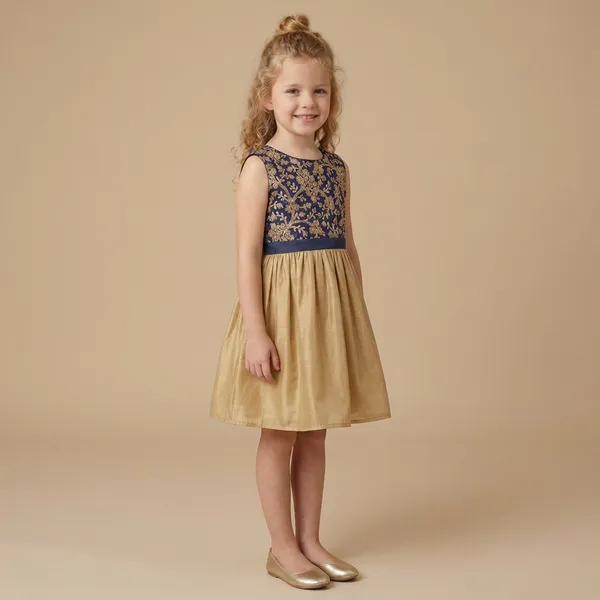 Leaf_Embroidered_Silk_Dress_Navy_Blue_&_Golden