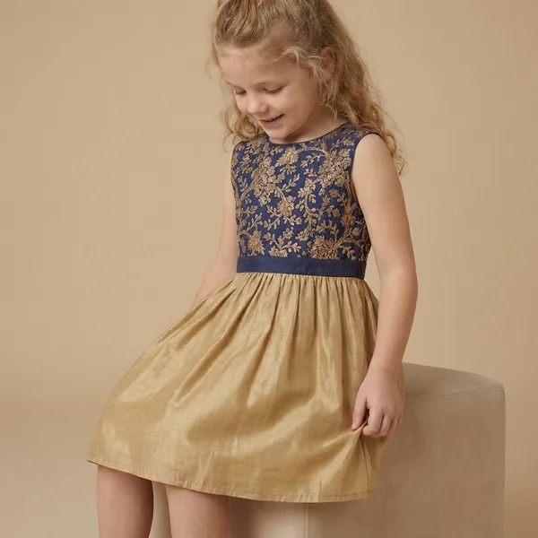 Leaf_Embroidered_Silk_Dress_Navy_Blue_&_Golden