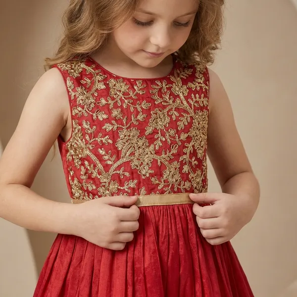 Leaf_Embroidered_Silk_Dress_Maroon