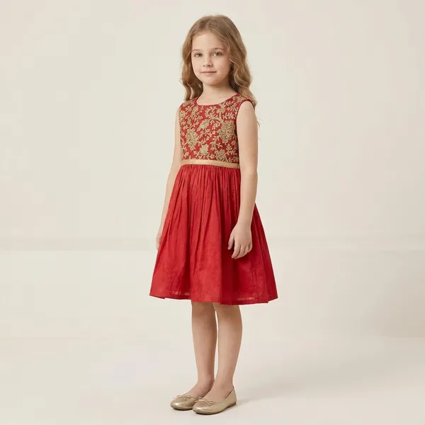 Leaf_Embroidered_Silk_Dress_Maroon