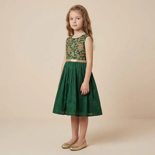 Leaf_Embroidered_Silk_Dress_Bottle_Green