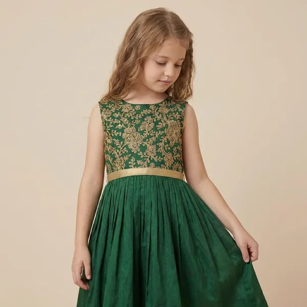 Leaf_Embroidered_Silk_Dress_Bottle_Green