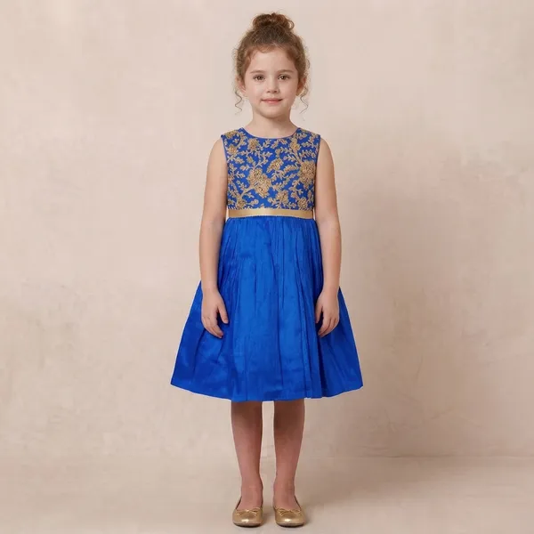 Leaf_Embroidered_Silk_Dress_Royal_Blue