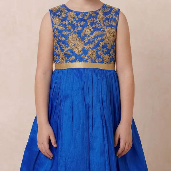 Leaf_Embroidered_Silk_Dress_Royal_Blue