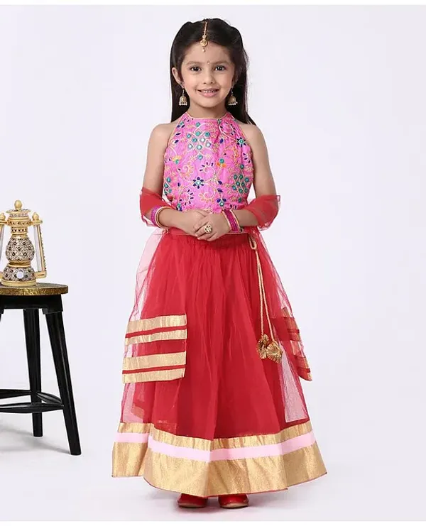 Halter_Neck_Embroidered_Lehenga_Choli_Pink_&_Red