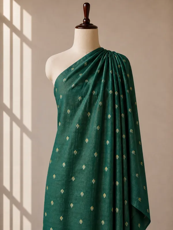 Bottle_Green_Floral_Butti_Embroidered_Premium_Vichitra_Silk_Fabric_(Price_Per_Meter)