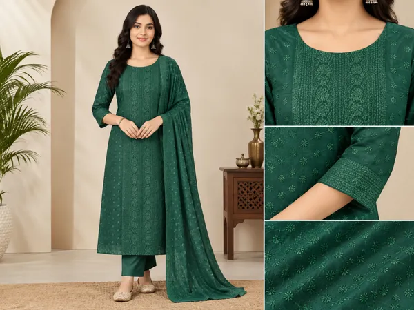 Bottle_Green_Georgette_Fabric_With_Thread_Embroidery_Panel_Work_(Price_Per_Meter)