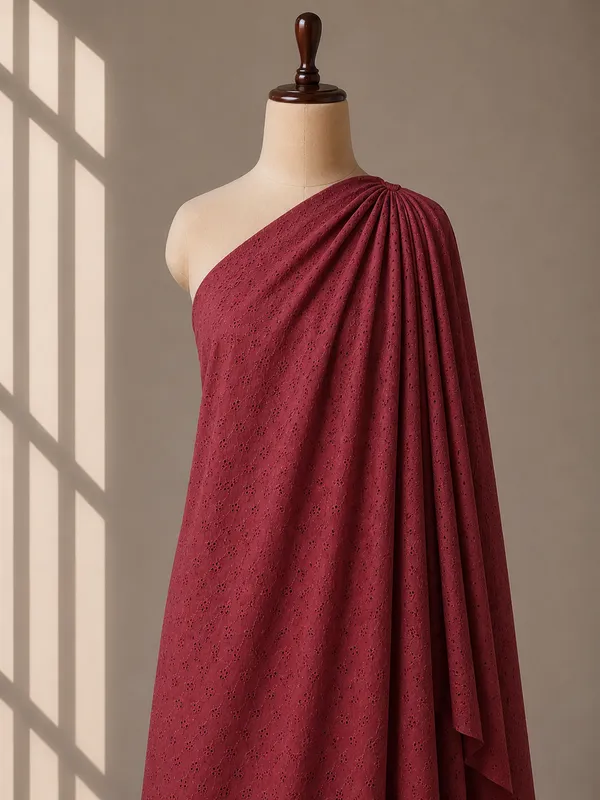 Maroon_Chikan_Embroidered_Hakoba_Cotton_Fabric_(Price_Per_Meter)