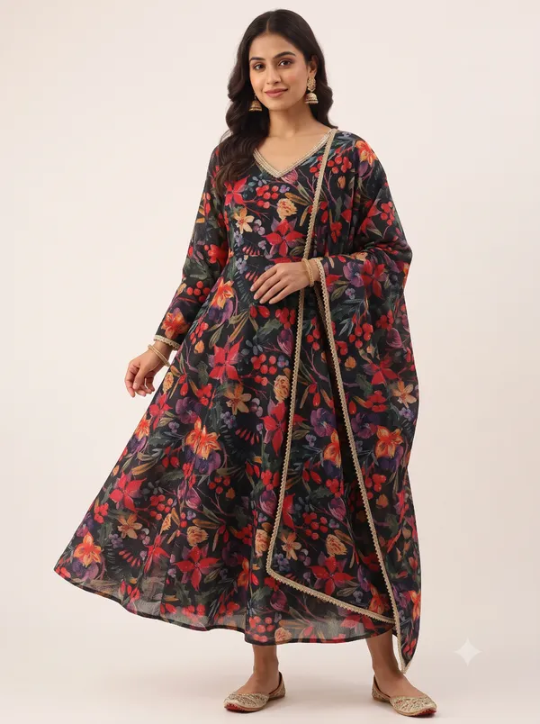 Multicolor_Floral_Digital_Printed_Black_Soft_Chanderi_Cotton_Fabric_(Price_Per_Meter)