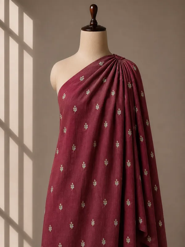 Maroon_Floral_Butti_Embroidered_Premium_Vichitra_Silk_Fabric_(Price_Per_Meter)