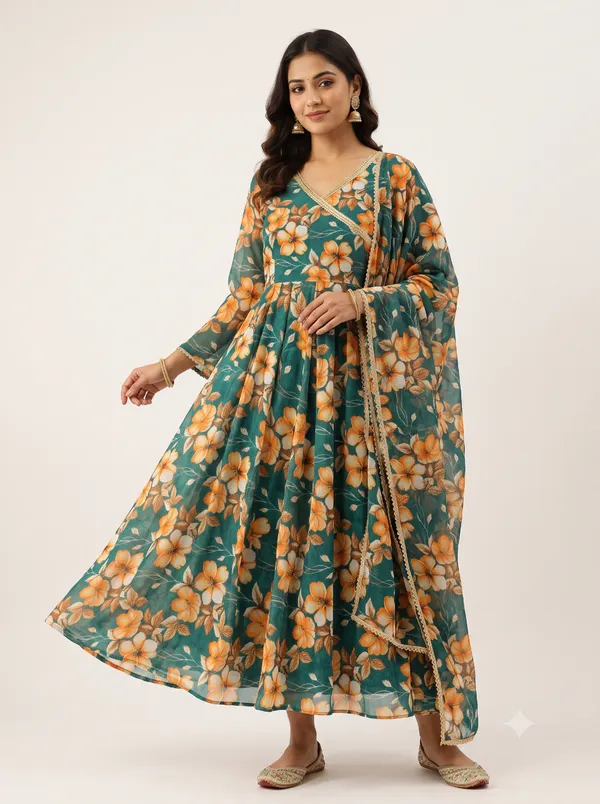 Orange_Floral_Digital_Printed_Teal_Green_Soft_Chanderi_Cotton_Fabric_(Price_Per_Meter)