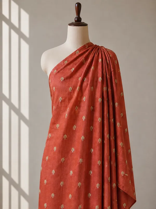 Rust_Brown_Floral_Butti_Embroidered_Premium_Vichitra_Silk_Fabric_(Price_Per_Meter)