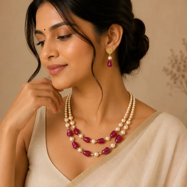Maroon_Stone_&_Golden_Shade_Pearl_Necklace_With_Earrings