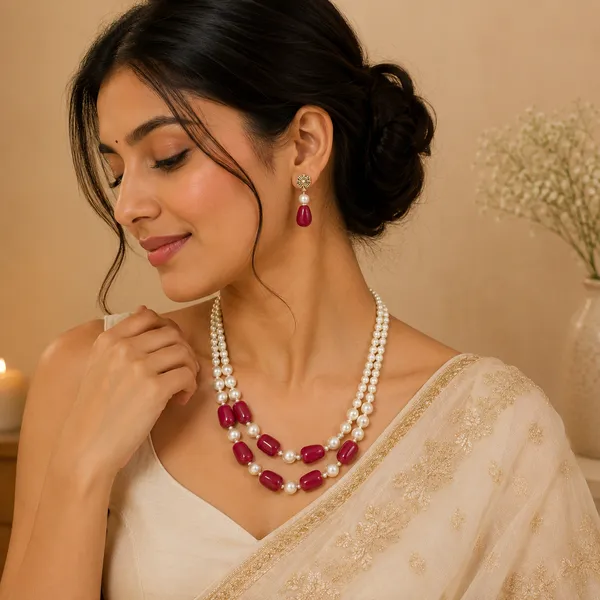 Red_White_Pearl_Necklace_With_Earrings