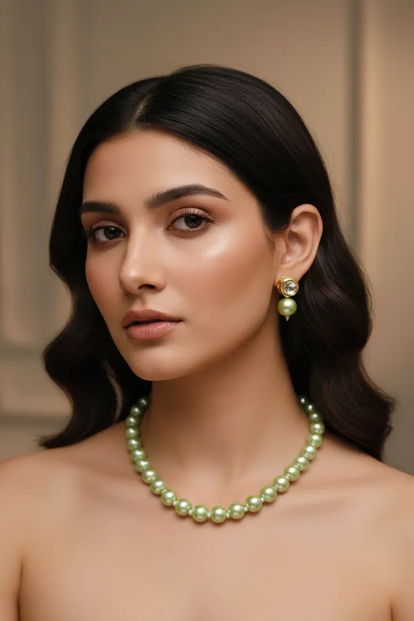 Premium_Green_Shade_Pearls_With_Golden_Earrings